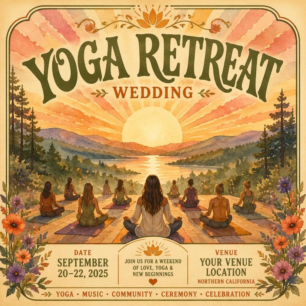 Watercolor event poster showing a cozy sunrise yoga retreat wedding scene with warm sunset tones and clear placeholder text.