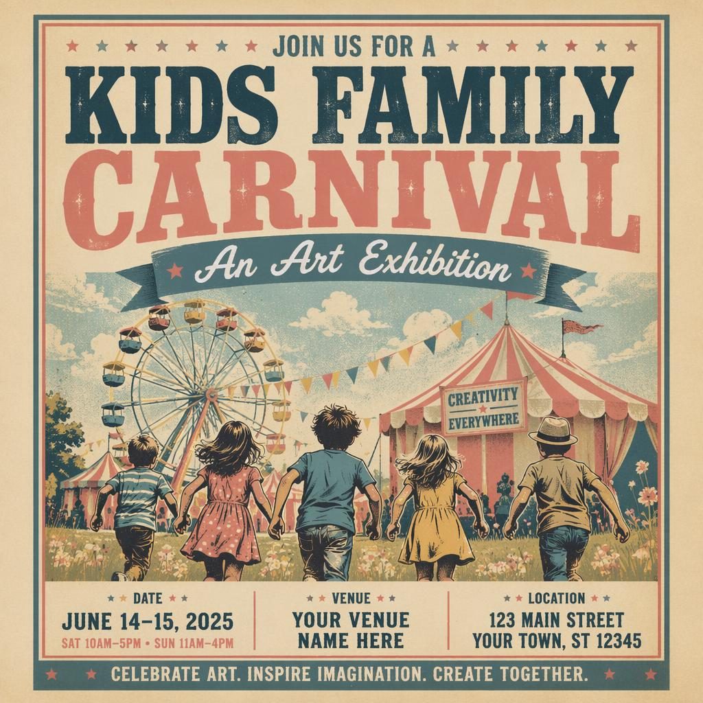 Vintage 1960s-style event poster for a kids family carnival art exhibition with pastel colors, playful graphics, and readable placeholder text.