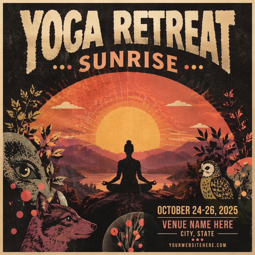 Grunge-style event poster of a sunrise yoga retreat with warm sunset tones and clean placeholder text for name, date, and venue.