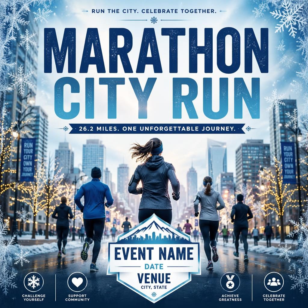 Photographic event poster showing a winter city marathon scene with festive wedding styling, ice-blue overlay, and clean text placeholders.