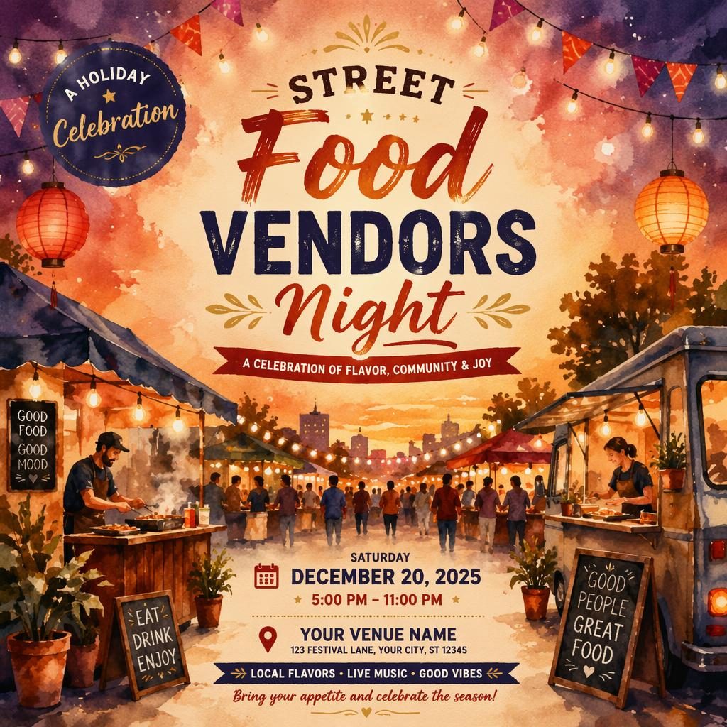 Watercolor event poster showing a cozy holiday street food market at night with warm sunset tones and clean placeholder text.