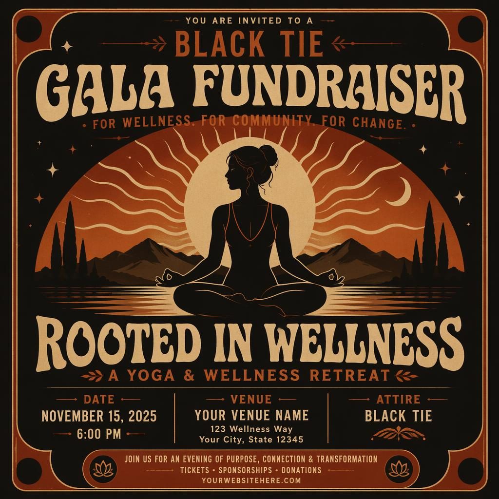 Vintage 1960s-style gala fundraiser poster for a wellness retreat with dark autumn rust tones and clean placeholder text.
