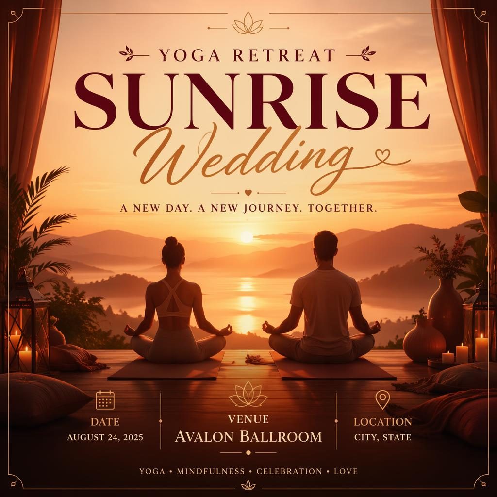 Event poster with bold typography for a sunrise yoga wedding retreat, warm sunset tones, cozy mood, and venue text.