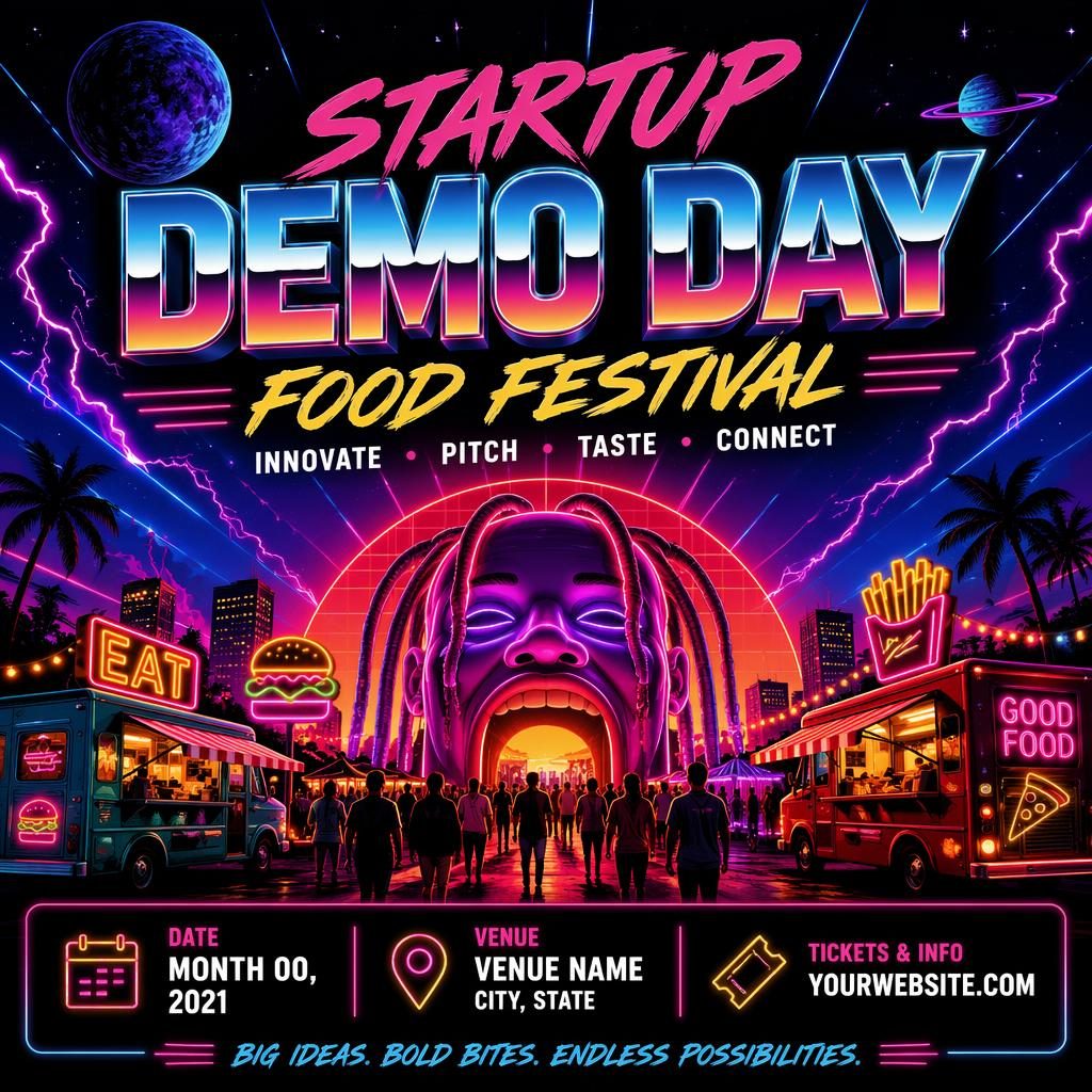 Retro 1980s neon event poster for a startup demo day food festival with bold colors and sharp placeholder text.