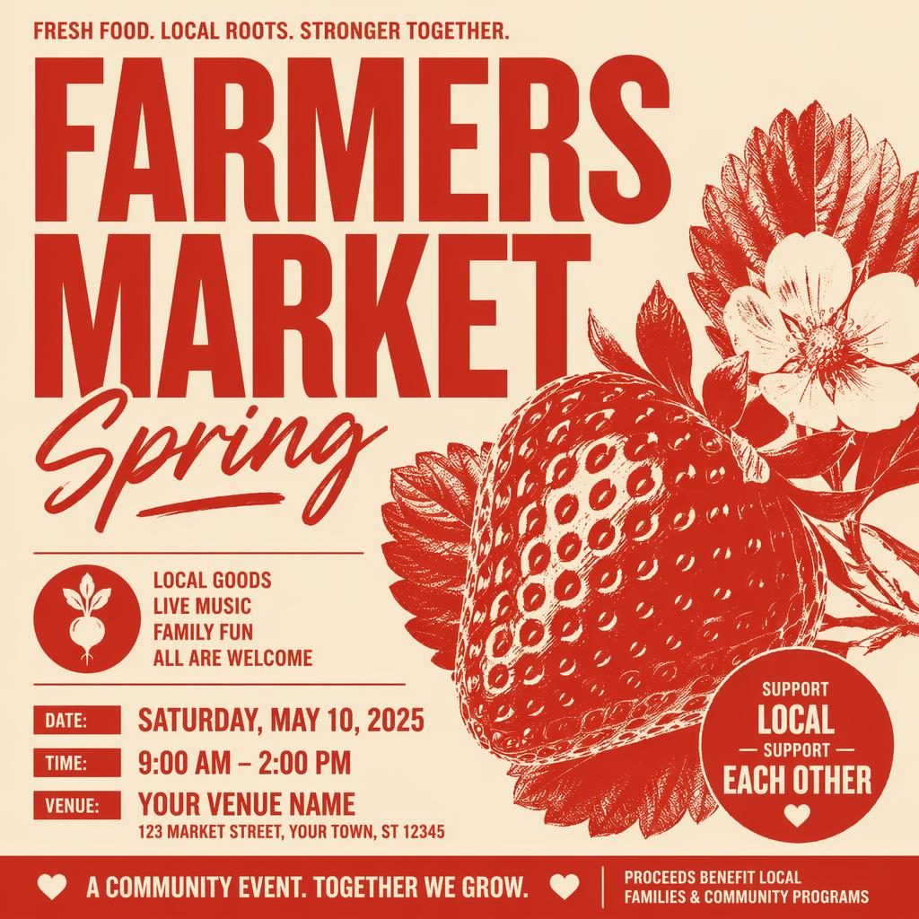 Minimalist Swiss-style event poster for a spring farmers market charity event in vintage cream and red with bold typography placeholders.