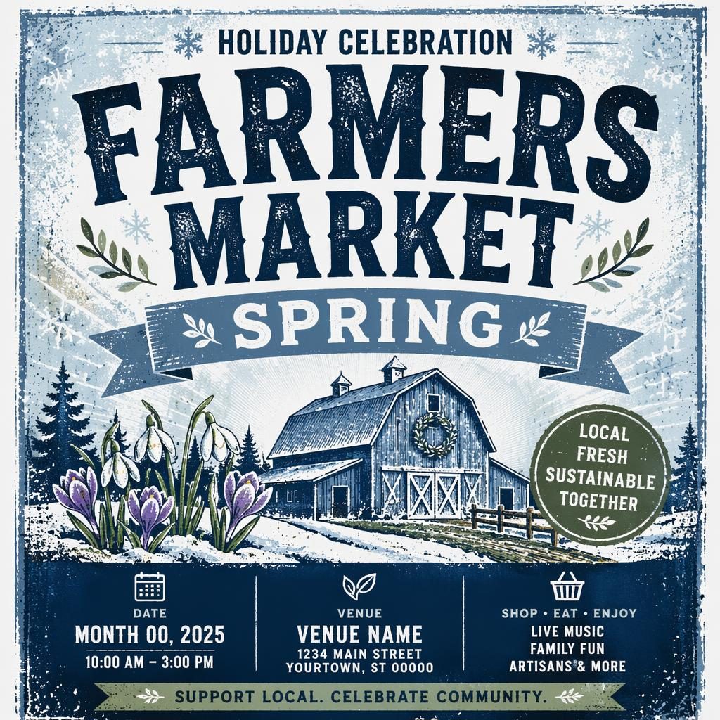 AI event poster for a spring farmers market holiday celebration in grunge style with icy winter palette and sharp text placeholders.