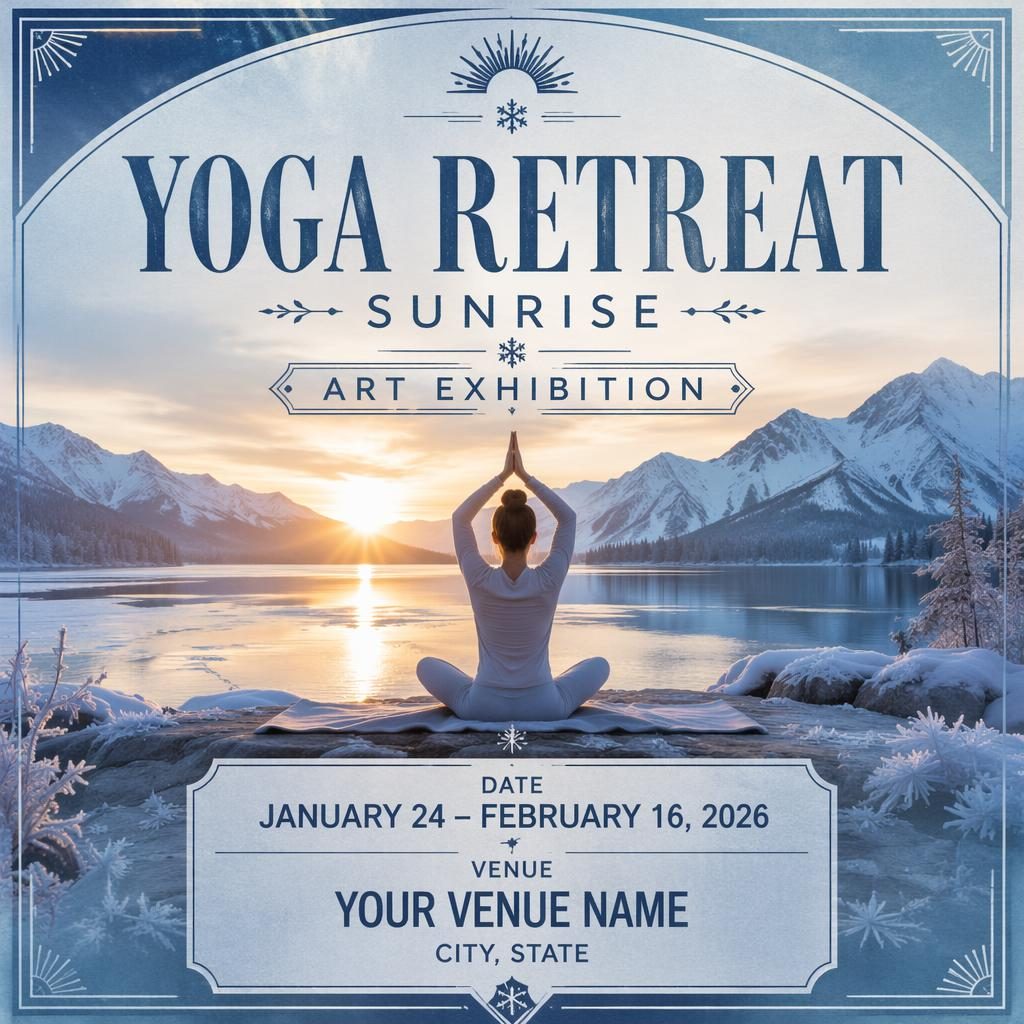 Photographic event poster of a sunrise yoga retreat with icy winter tones, clean overlay text, and art exhibition styling.