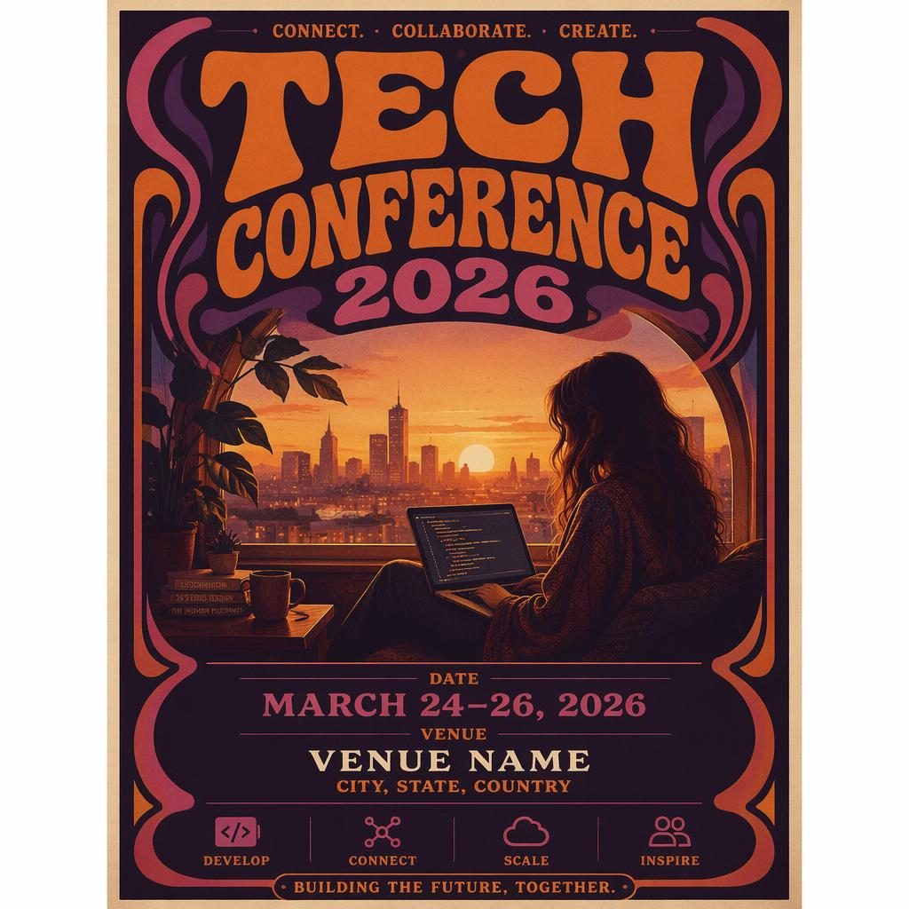 Modern editorial tech conference 2026 poster with warm sunset tones, cozy mood, and clean English placeholder text.