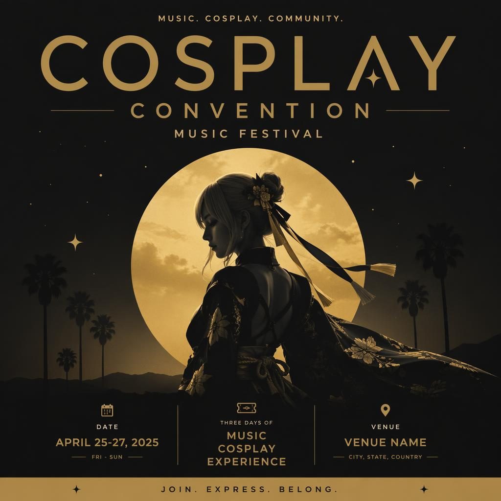Minimalist Swiss-style event poster for a cosplay convention music festival in black and gold with dreamy elegant typography.