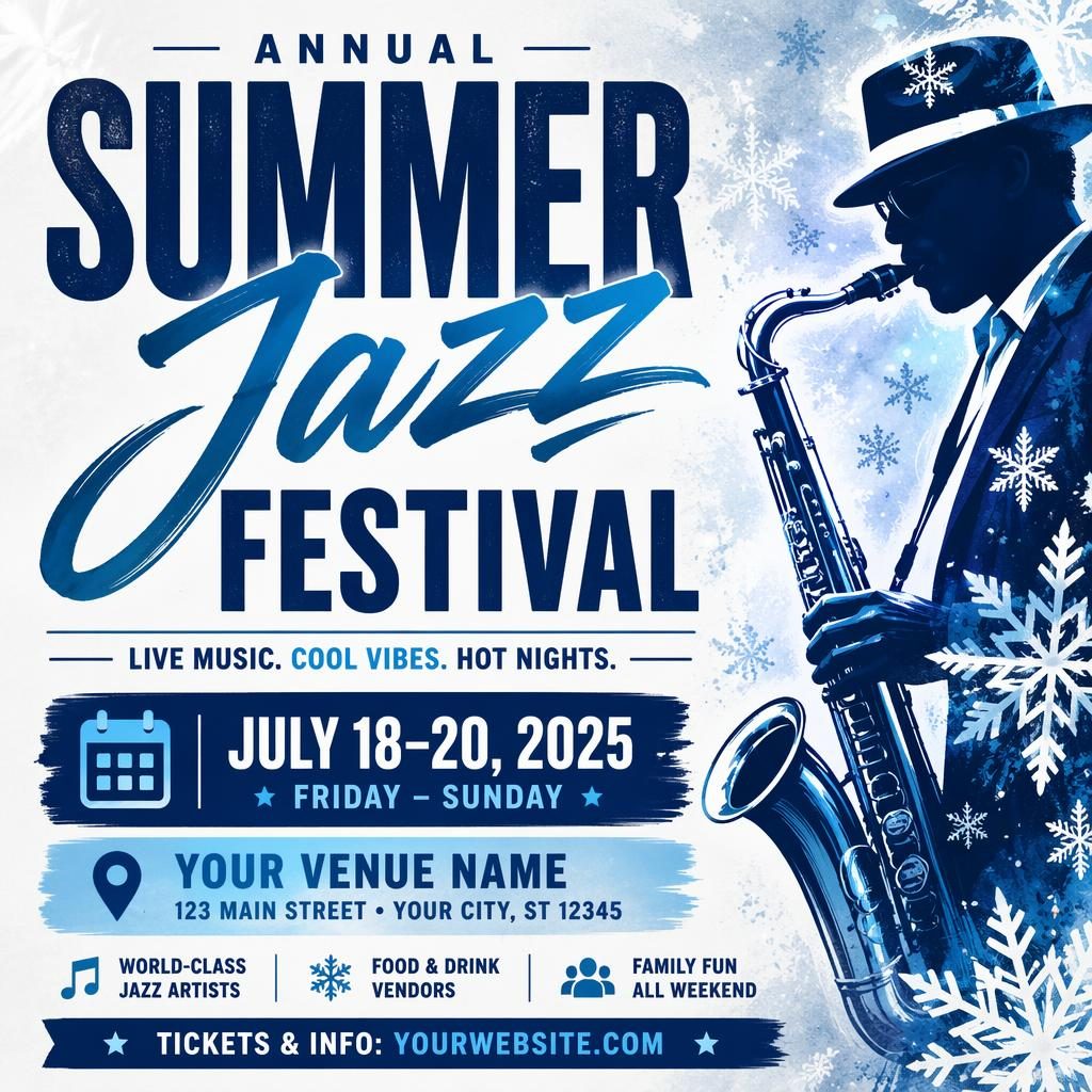 Bold event poster with jazz festival summer theme, winter ice palette, festive mood, and clean placeholder date and venue text.