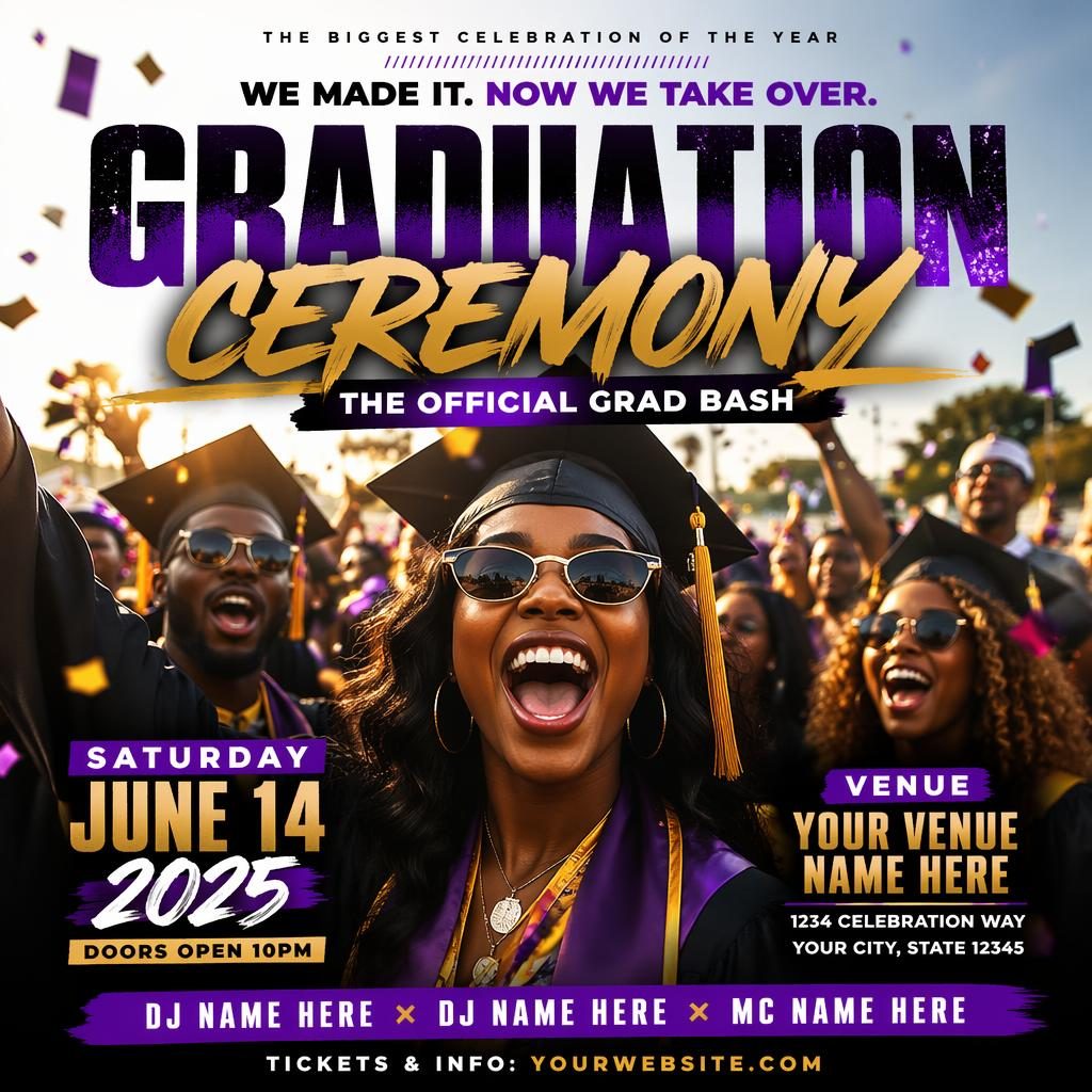 Photographic graduation ceremony theatre event poster with energetic overlay, bold high-contrast colors, and sharp placeholder text