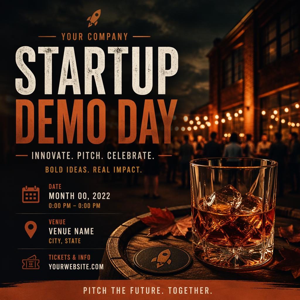 Dark photographic event poster for startup demo day with autumn rust tones, mysterious overlay, and clean date venue text.
