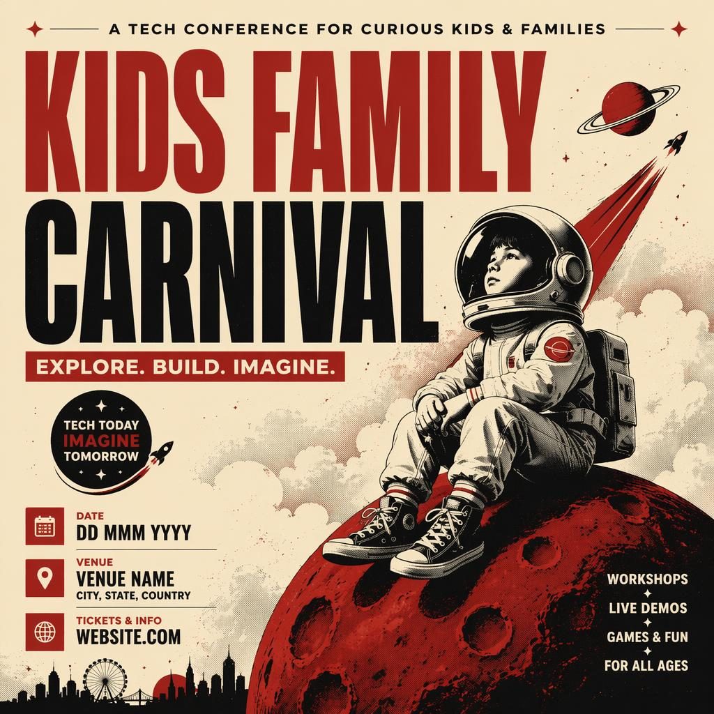 Modern editorial event poster for a kids family carnival tech conference in cream and red with bold typography and clean placeholders.