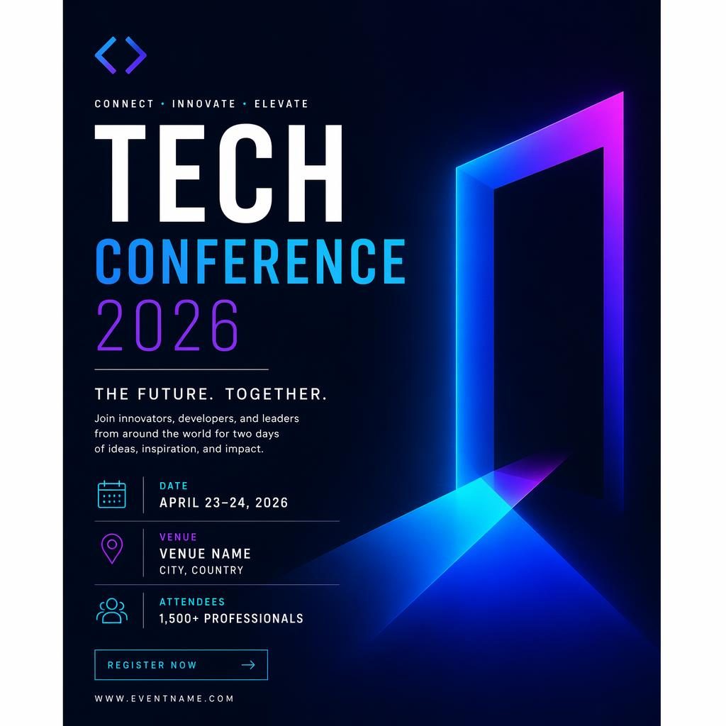 Minimalistický švýcarský plakát pro tech conference 2026 s neonovou paletou a čitelným anglickým textem.