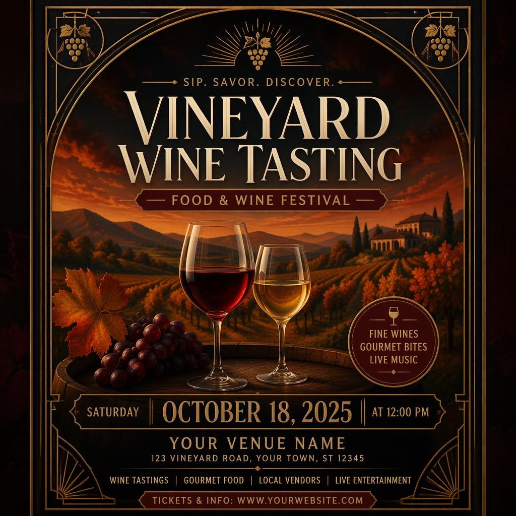Art deco luxury event poster for a wine tasting vineyard with autumn rust tones, dark moody visuals, and sharp venue text.