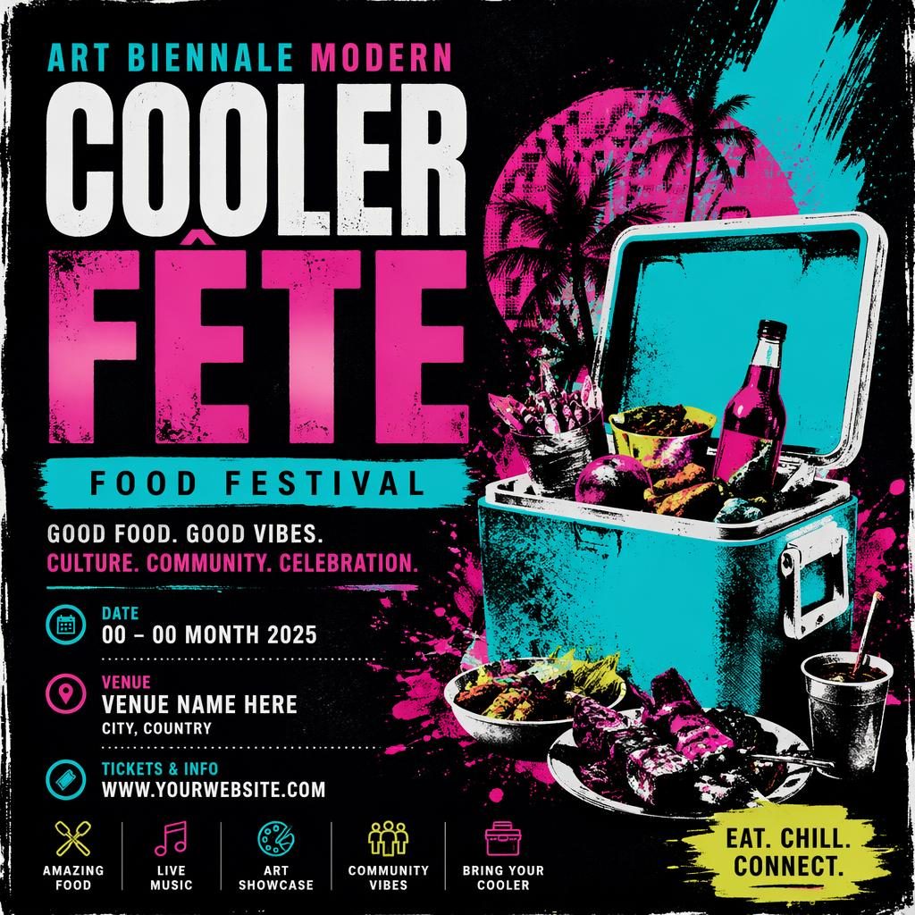 Grunge-style modern food festival poster with neon palette, formal mood, and sharp placeholder text for event name, date, and venue.