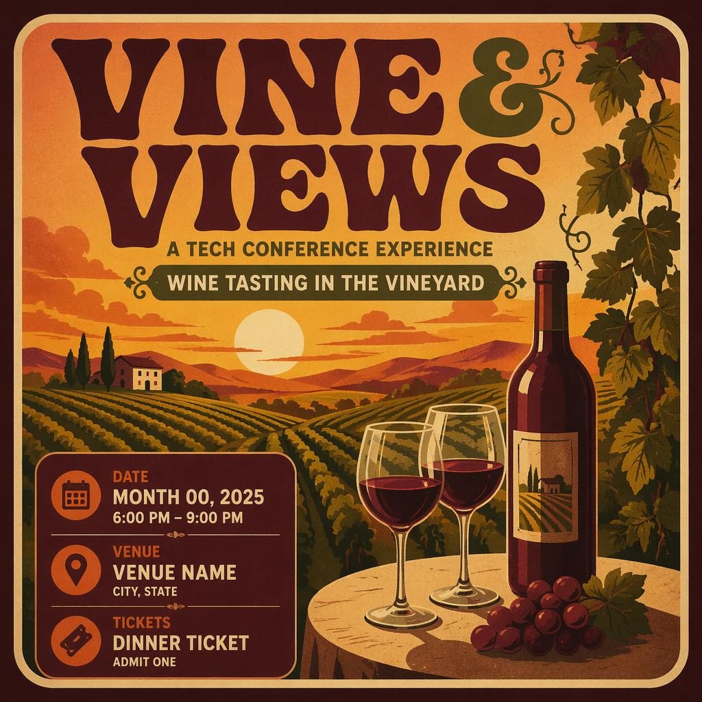 Vintage 1960s-style poster for a vineyard wine tasting tech conference with sunset colors and clean event text placeholders.