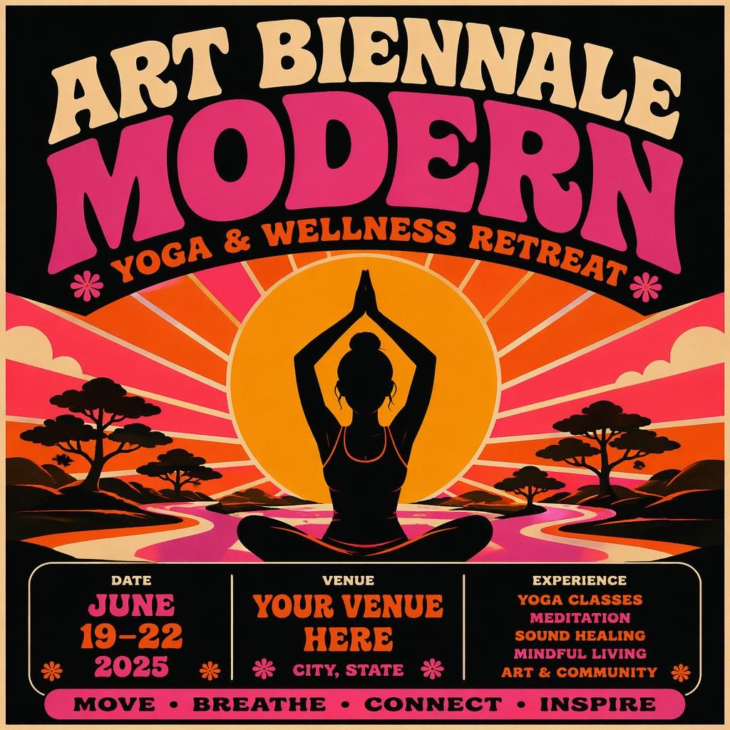 Vintage 1960s-style yoga wellness retreat poster with bold high-contrast colors, modern art biennale theme, and clean event text placeholders.