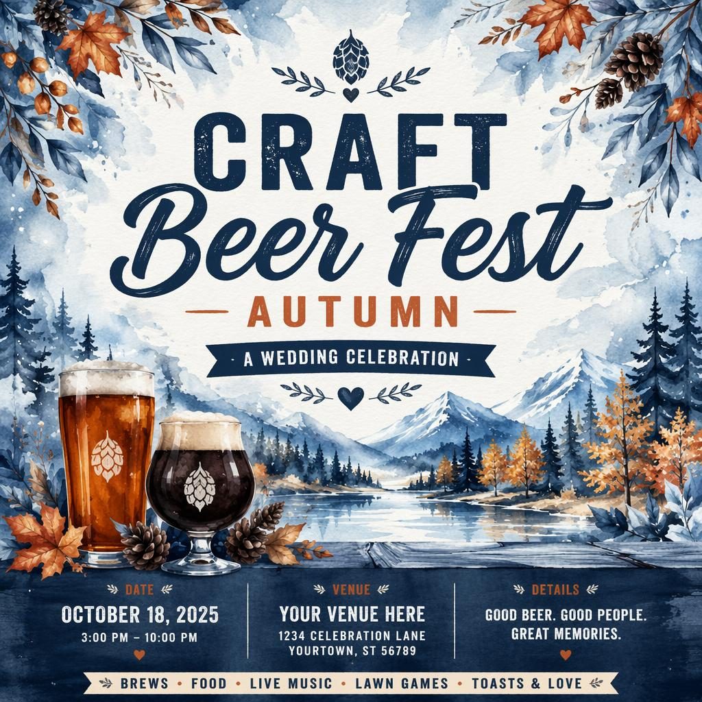 Watercolor event poster for a craft beer fest autumn wedding with winter ice tones, festive seasonal details, and clear text placeholders.