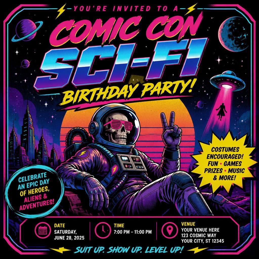 Retro 1980s neon sci-fi comic con party poster with bold high-contrast colors and clean event name, date, and venue text.