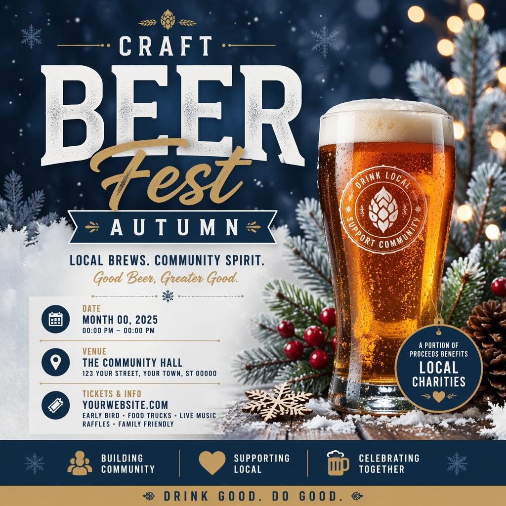 Modern editorial event poster for a craft beer fest autumn charity event with winter ice palette and clean placeholder text.