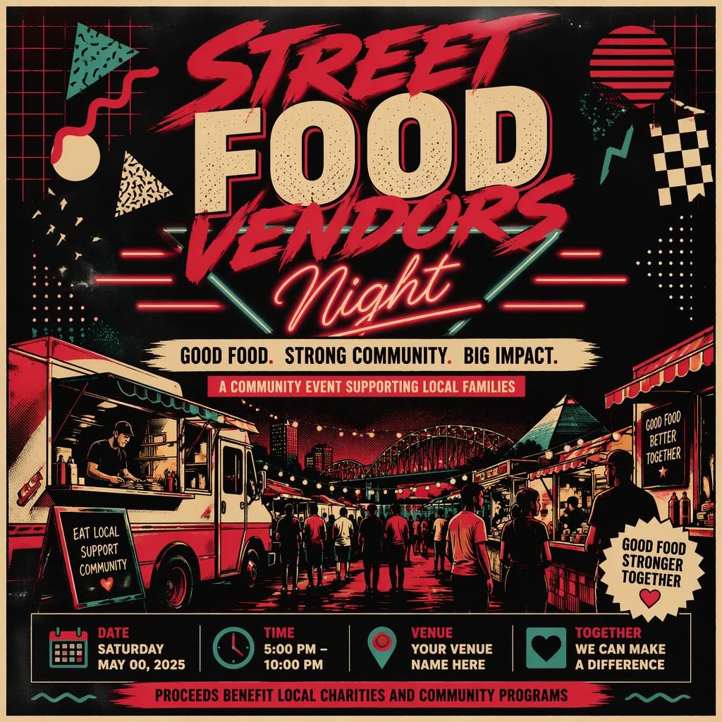Retro 1980s neon event poster for Street Food Vendors Night with cream and red palette, bold typography, and venue placeholders.