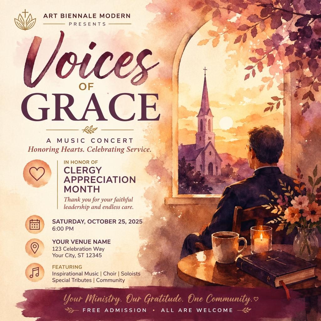 Watercolor event poster for a modern art biennale music concert with warm sunset tones, cozy festive mood, and sharp placeholder text.