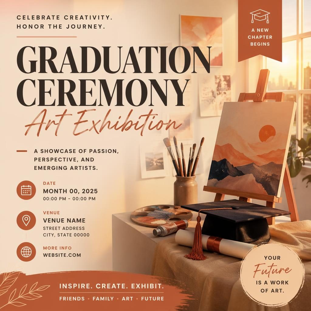 Modern editorial event poster for a graduation ceremony art exhibition with warm sunset tones and clean English placeholder text.
