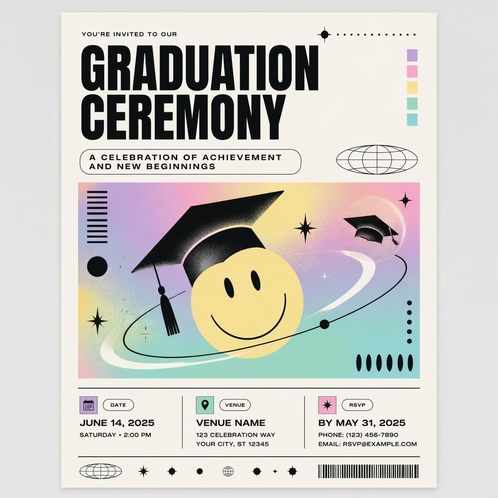 Minimalist Swiss-style graduation ceremony poster with pastel palette, joyful layout, and clean event text placeholders.