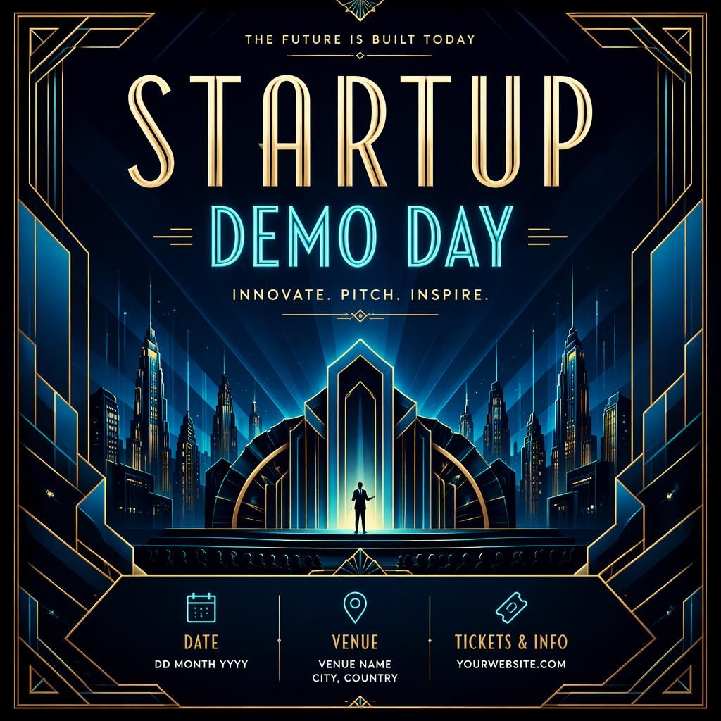 Art deco luxury event poster for a startup demo day theatre play with cool neon colors and sharp placeholder text.