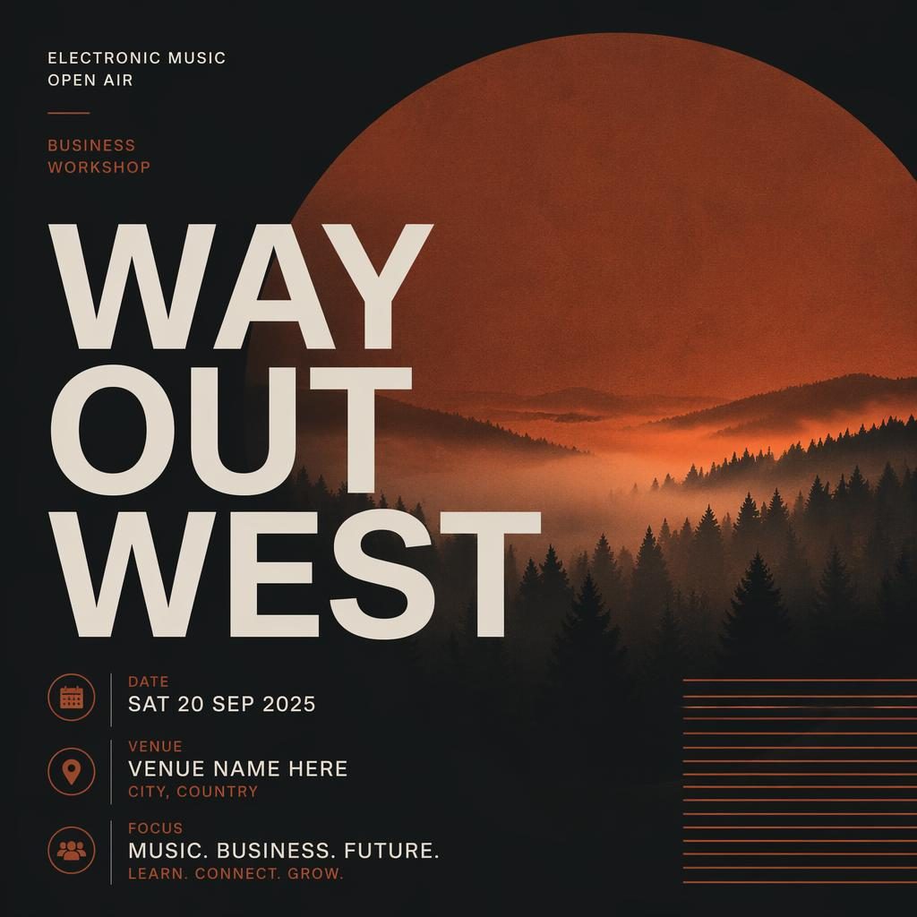 Minimalist Swiss-style dark event poster for an electronic music open air, with rust autumn tones and sharp placeholder text.