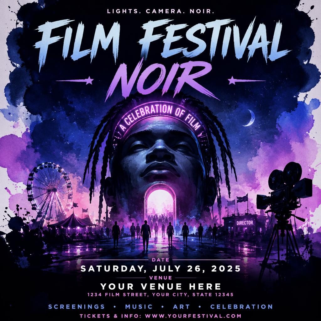 Watercolor film festival noir party poster with cool neon palette, formal festive mood, and sharp event text placeholders.