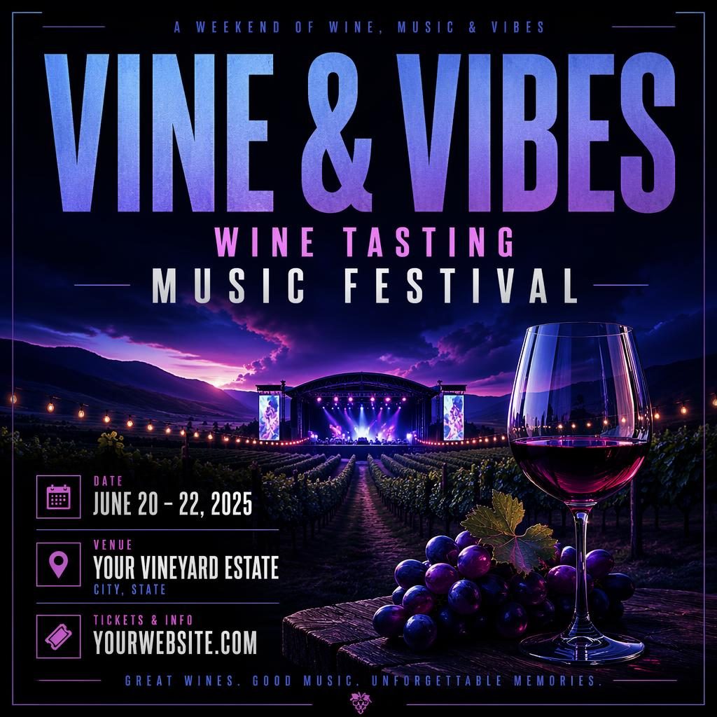 Bold event poster for a wine tasting vineyard music festival with cool neon colors, sharp placeholder text, and formal typography.