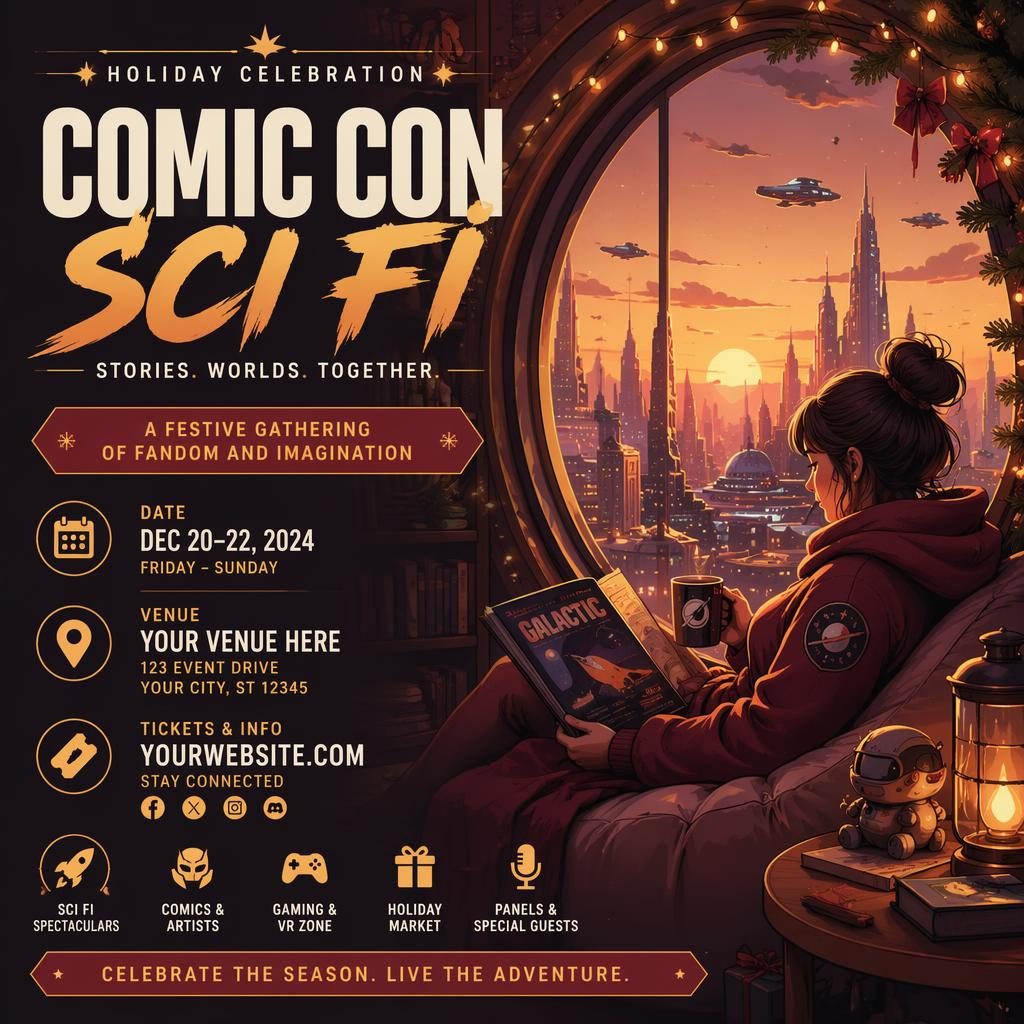 Modern editorial sci fi comic con holiday event poster with cozy sunset colors and sharp English placeholder text.