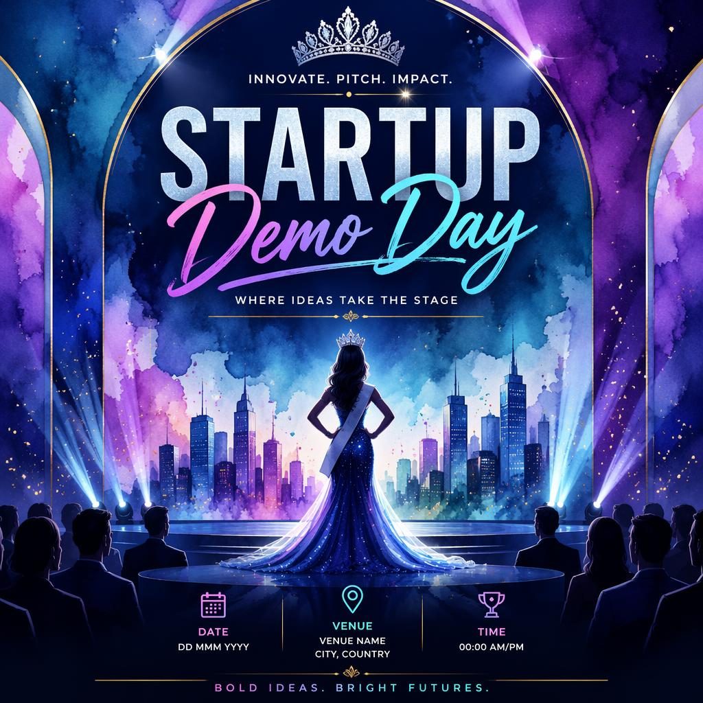 Watercolor festive event poster for a startup demo day theatre play with cool neon palette and clean date, venue placeholders.