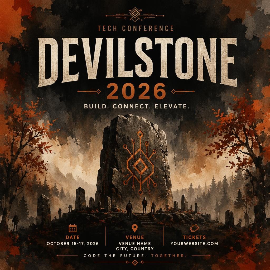 Watercolor event poster for Tech Conference 2026 with autumn rust tones, dark festive mood, and clean date and venue text.