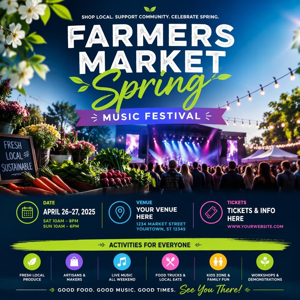Photographic event poster for a spring farmers market music festival with cool neon overlay and sharp placeholder text.