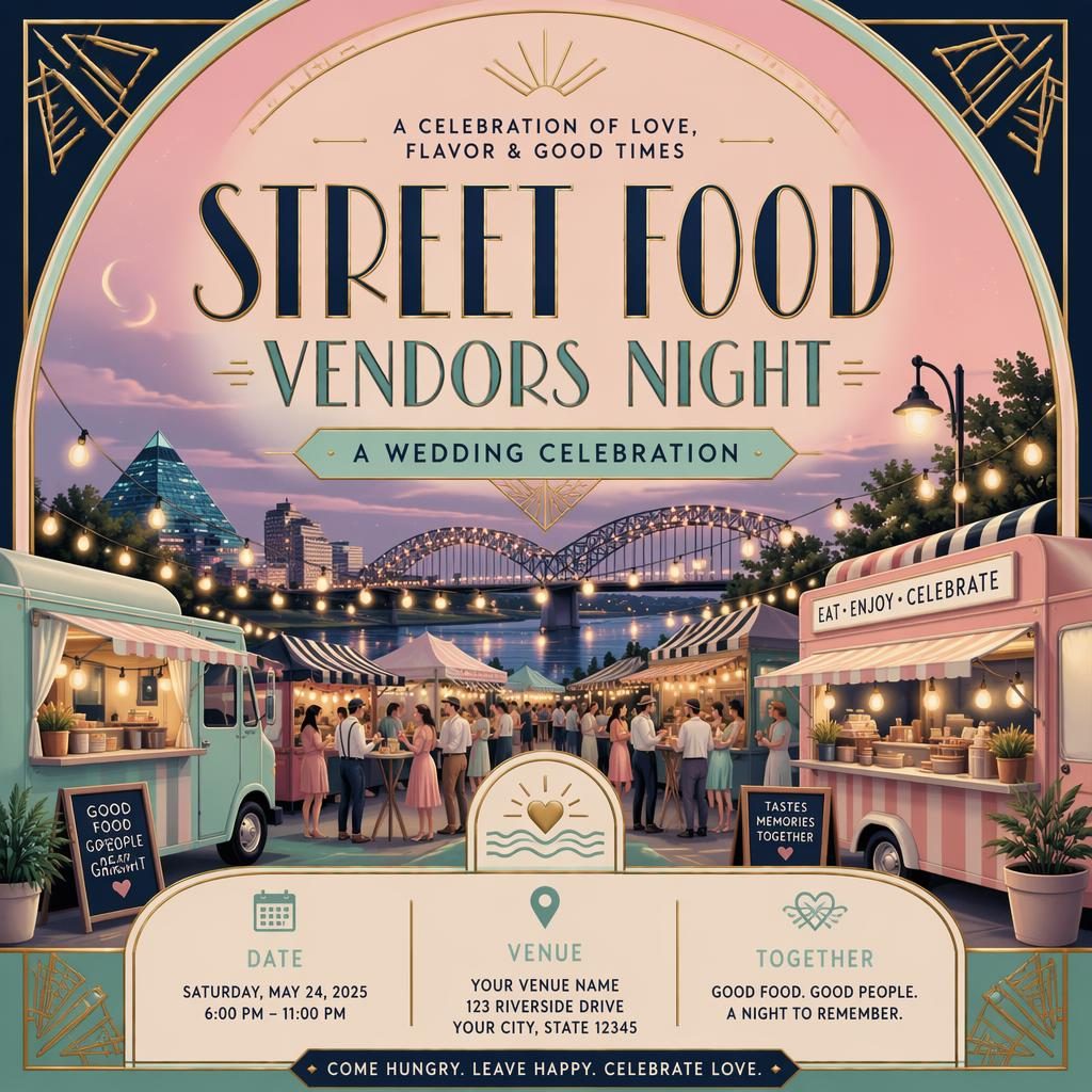 Art deco luxury wedding event poster for a street food vendors night with pastel palette and clean venue/date placeholders