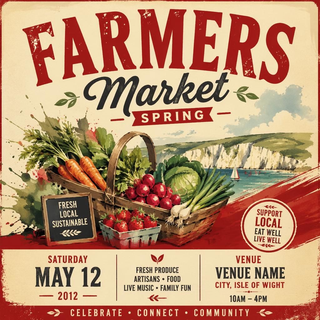 Watercolor event poster for a spring farmers market tech conference in vintage cream and red with bold festive layout.