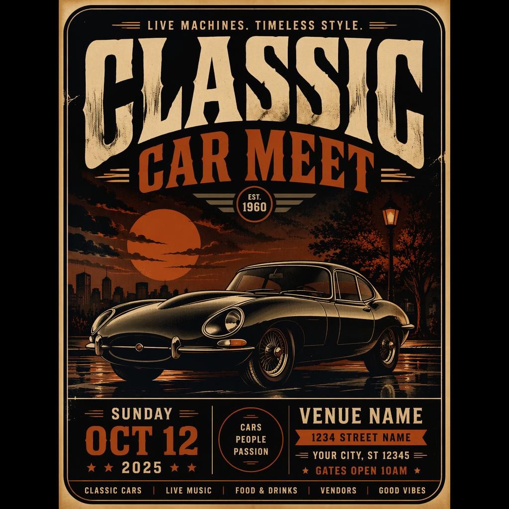 Vintage 1960s-style event poster showing a classic car meet in dark autumn rust tones with sharp placeholder text.
