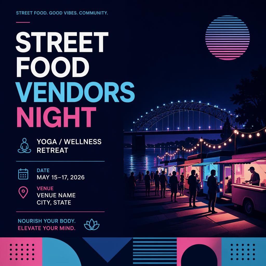 Minimalist Swiss event poster for a street food vendors night with cool neon accents and clean English placeholder text.