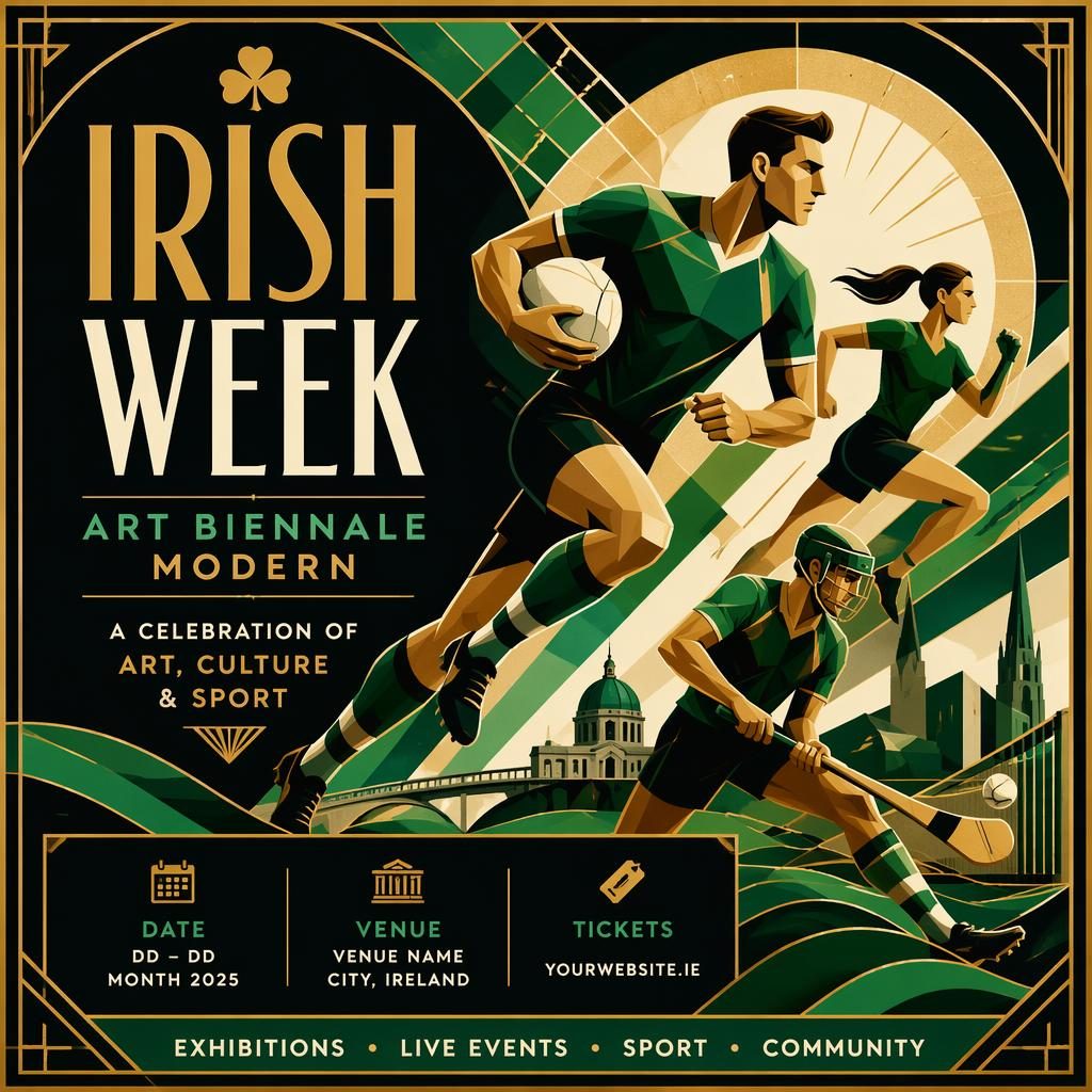 Art deco luxury sports event poster with bold high-contrast colors, modern biennale styling, and sharp English placeholder text.