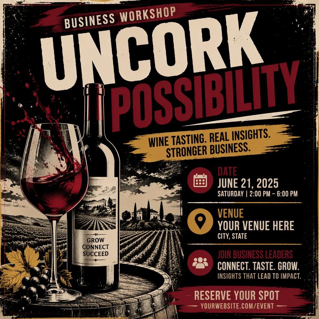 Grunge-style event poster for a wine tasting vineyard business workshop with bold colors and sharp placeholder text.