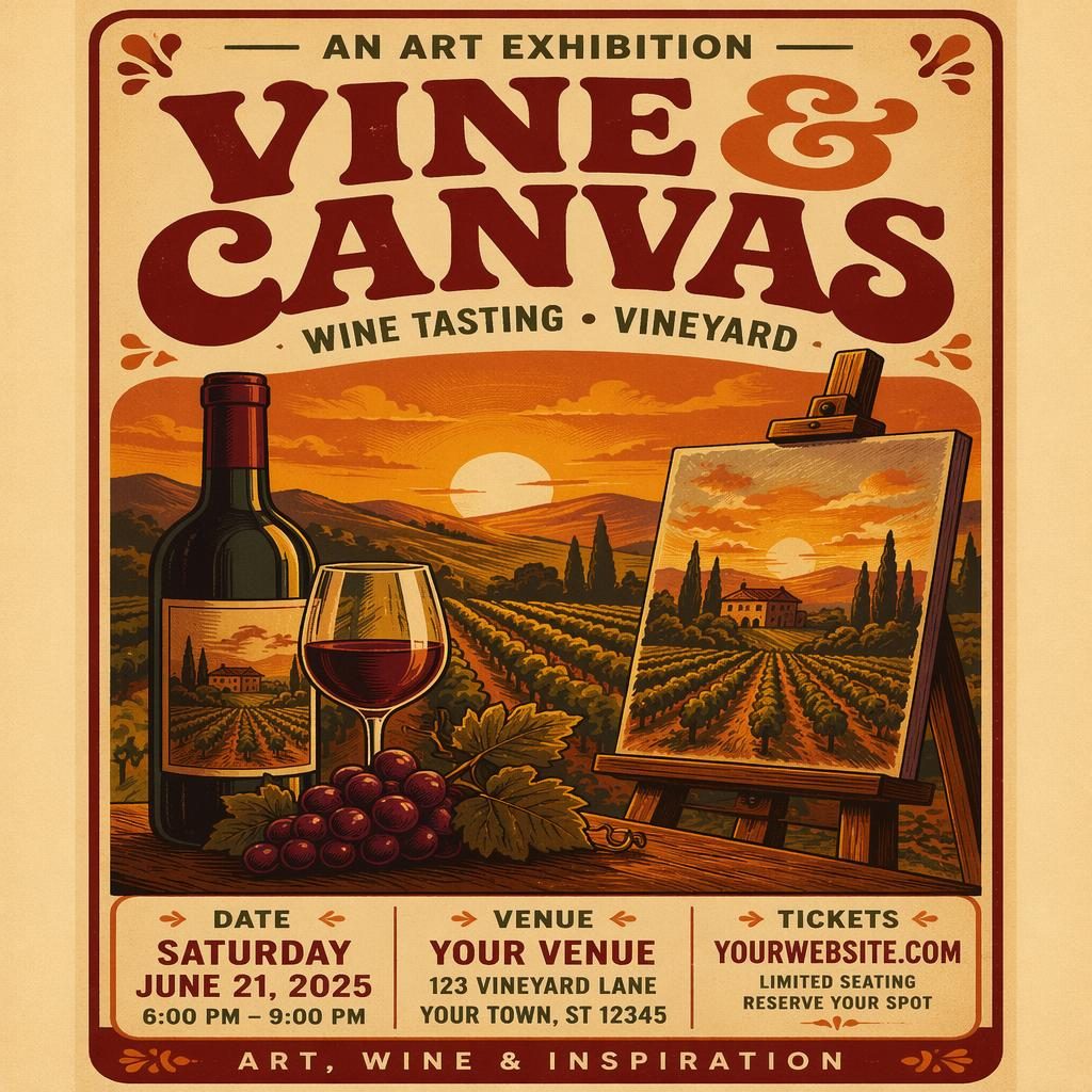 Vintage 1960s-style vineyard event poster with wine tasting scene, warm sunset colors, cozy mood, and clear placeholder text.