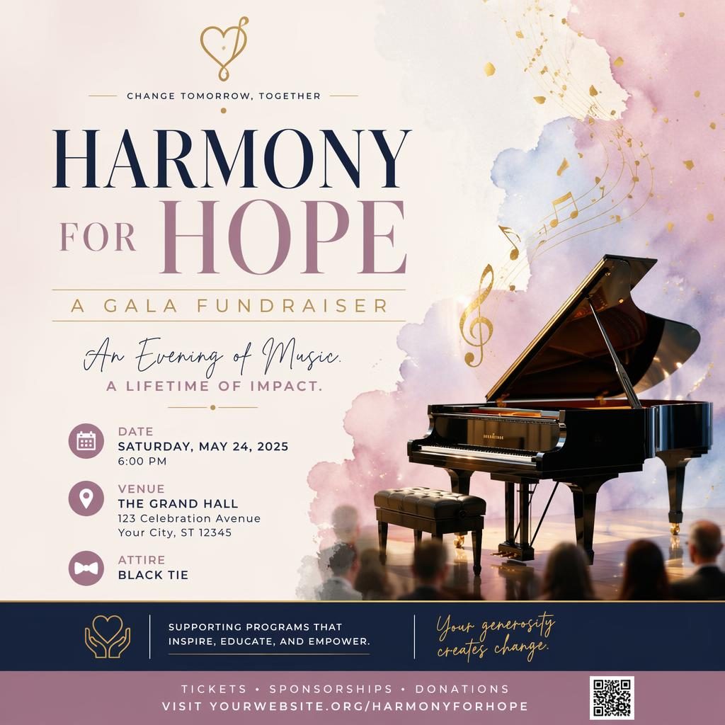 Modern editorial event poster for a black-tie gala fundraiser music concert with pastel palette and clean placeholder text