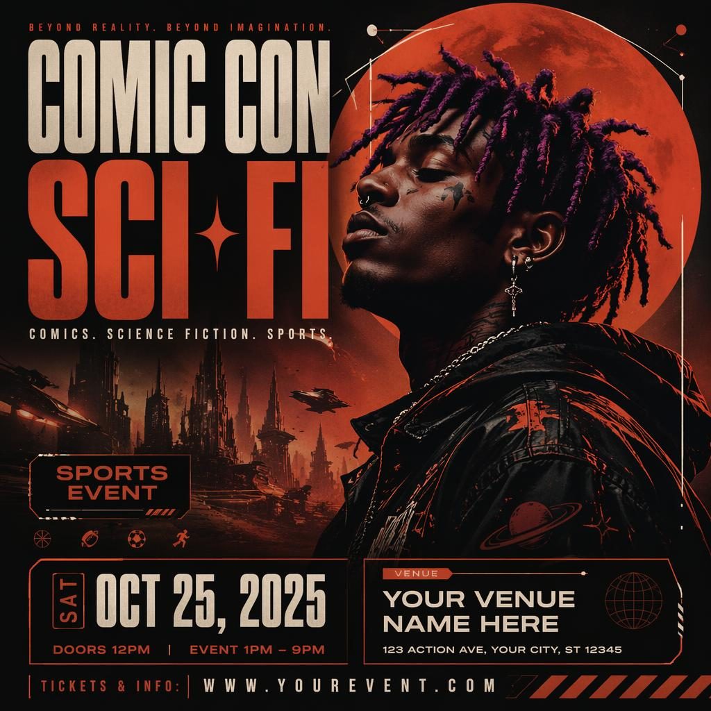 Modern dark sci-fi event poster with comic con sports theme, rust autumn palette, and clean English placeholder text.