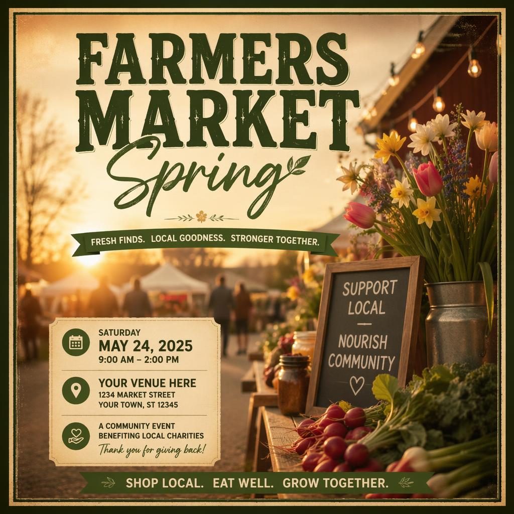 Photographic spring farmers market event poster with cozy sunset tones, produce stalls, and clean date and venue placeholders