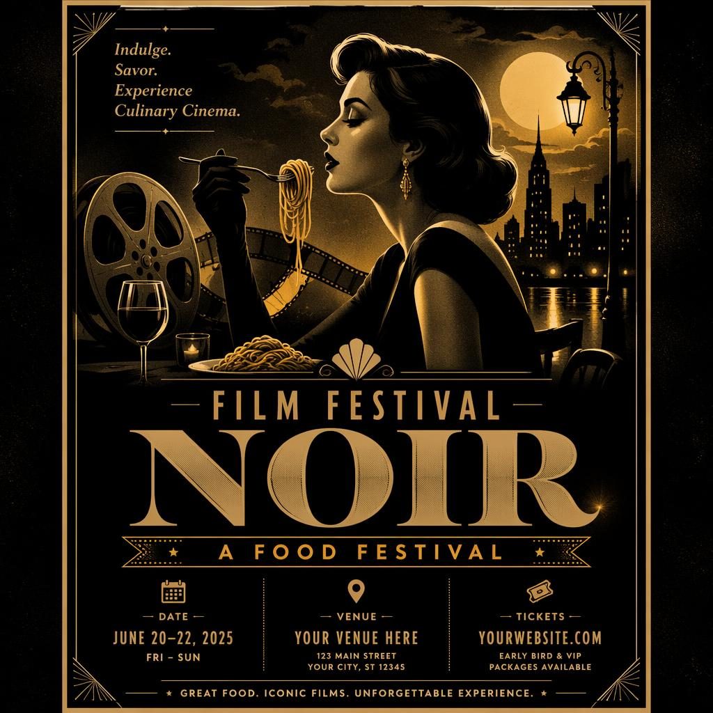 Vintage 1960s-style noir event poster with elegant black and gold palette, dreamy romantic mood, and clean placeholder text