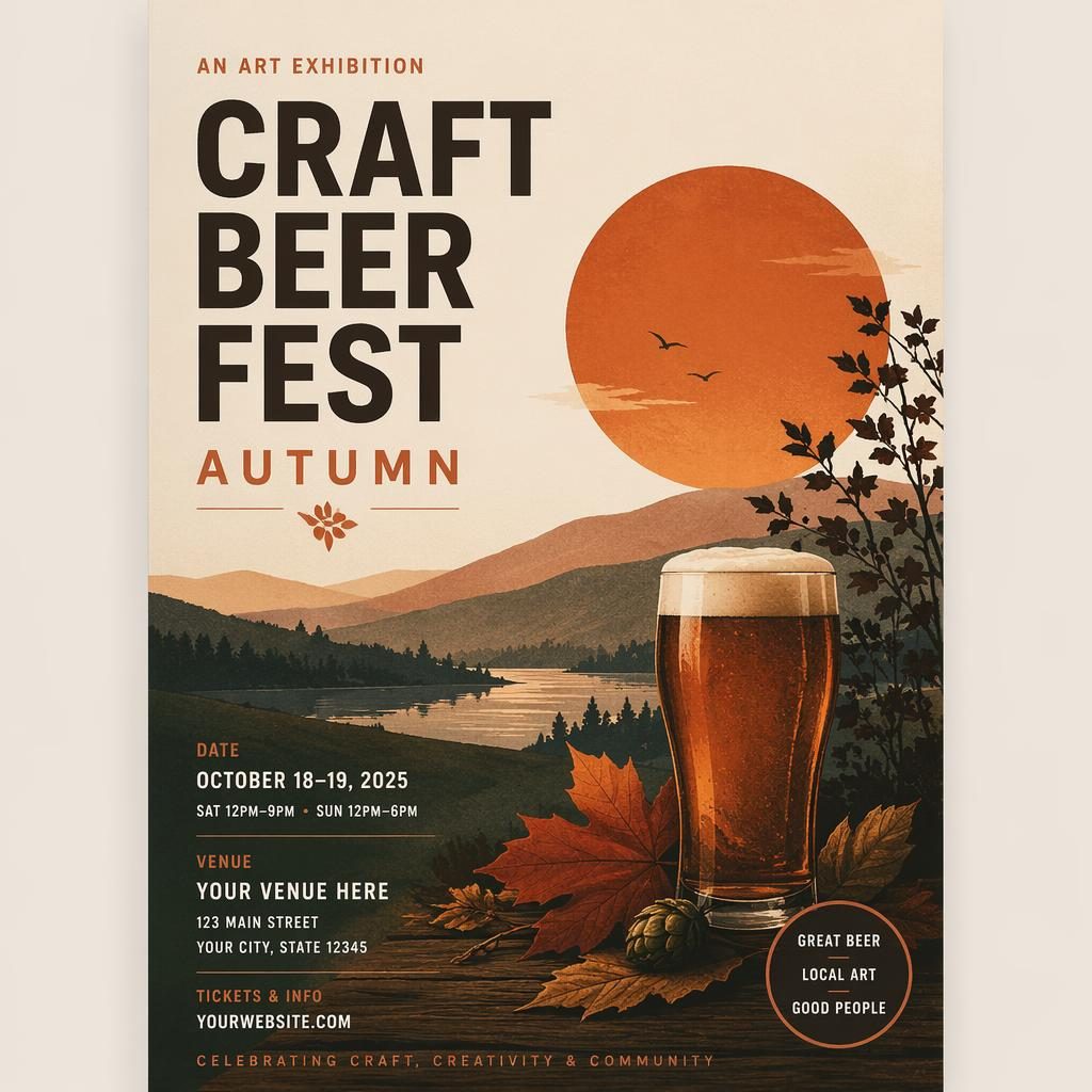 Minimalist Swiss-style autumn craft beer fest poster with warm sunset colors, cozy mood, and clean event text placeholders.
