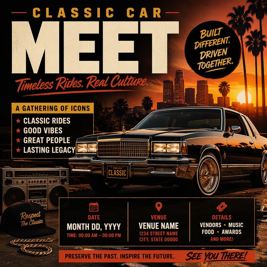 AI event poster with a classic car meet scene, bold typography, warm sunset colors, and clean event placeholder text.